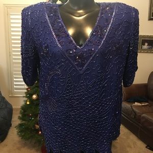 Royal Blue intricate beaded, scalloped blouse.Mark & John. 100 % silk